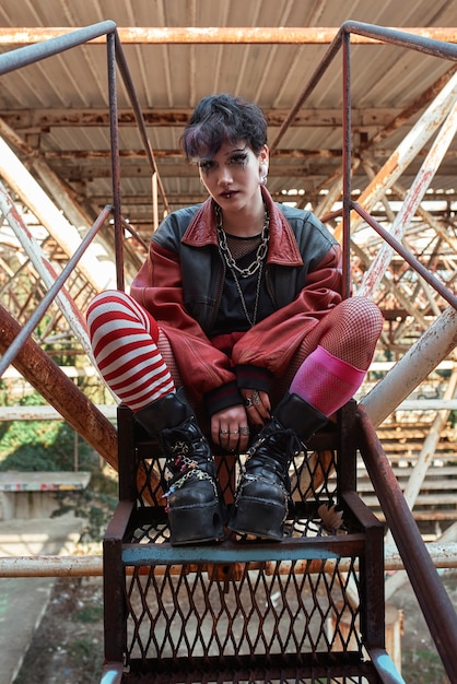 Ritratto estetico pop punk di donna in posa su struttura metallica sulle scale