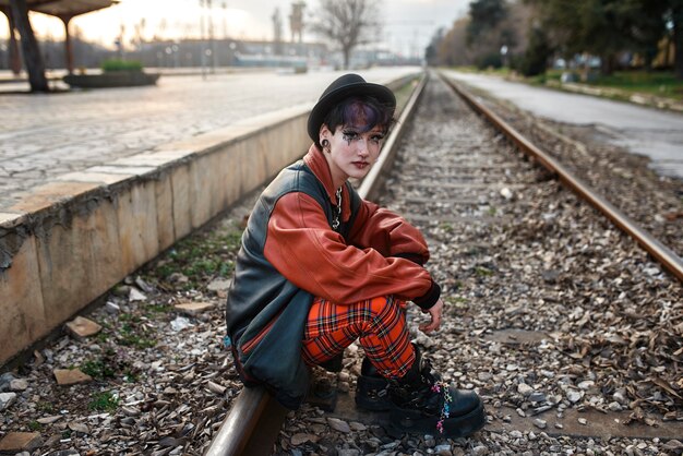 Pop punk aesthetic portrait of woman posing on train tracks