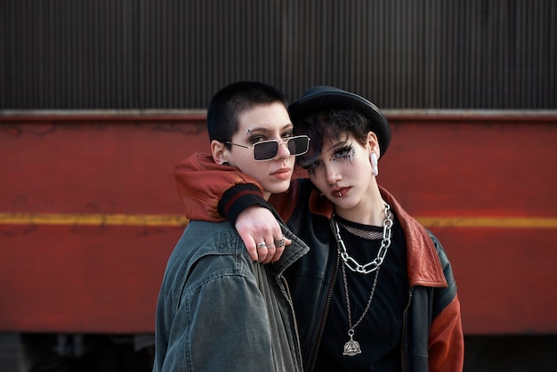 Free photo pop punk aesthetic portrait of women posing by a locomotive