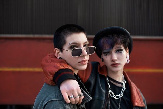 Free photo pop punk aesthetic portrait of women posing by a locomotive