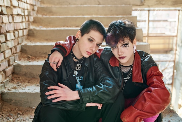 Pop punk aesthetic portrait of women posing inside building on stairs