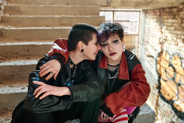 Pop punk aesthetic portrait of women posing inside building on stairs