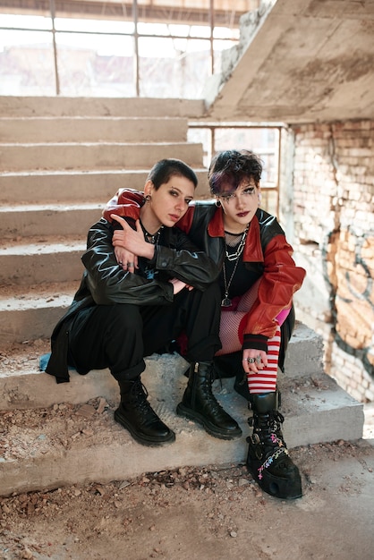 Pop punk aesthetic portrait of women posing inside building on stairs