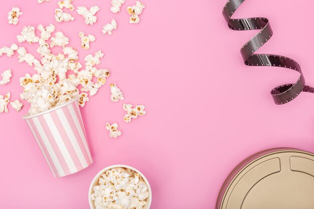 Premium Photo Popcorn Bucket On Yellow Background Movie Or Tv Background Top View Copy Space