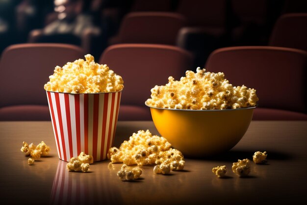 Popcorn on a table with a bowl of popcorn on the table