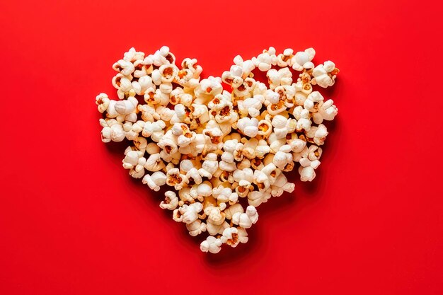 Free photo popcorn with shaped heart on red background cinema valentines day concept