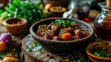Free photo a popular dish is chakapuli this is lamb stewed with herbs and spices in white wine a clay plate
