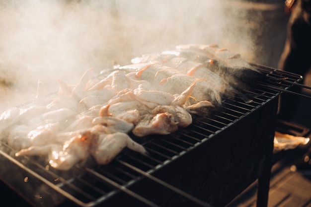 Free photo pork barbecue cooked on grilled charcoal barbecue is beautiful the meat on the fire the meat on the coals