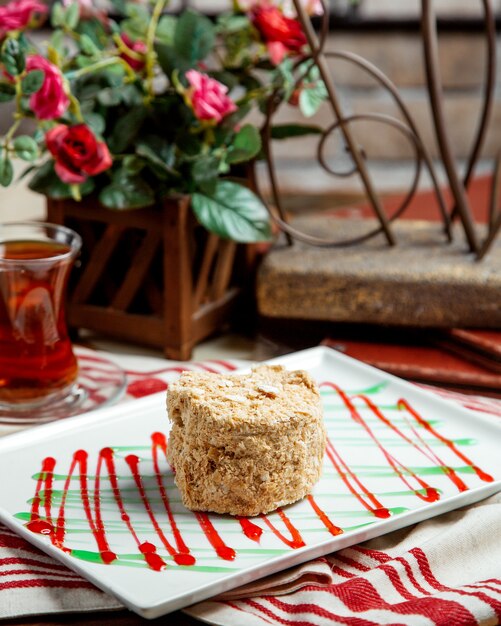 Portioned russian napoleon cake in plate