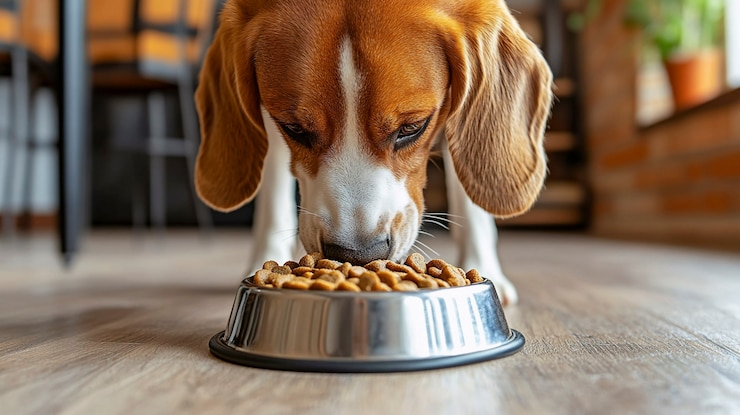 Free Photo portrait of adorable beagle eating
