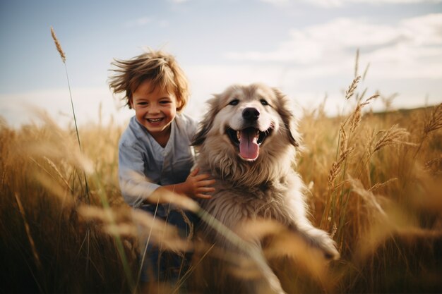 Free photo portrait of adorable child with their dog on the field