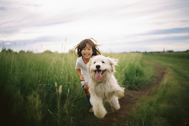 Portrait of adorable child with their dog on the field