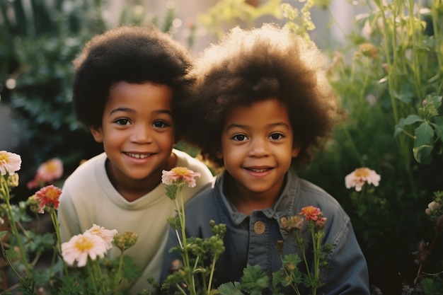 Free photo portrait of adorable children in the garden