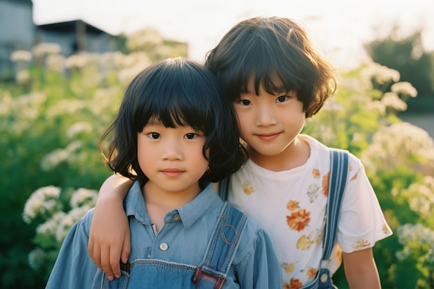 Free photo portrait of adorable children in the garden