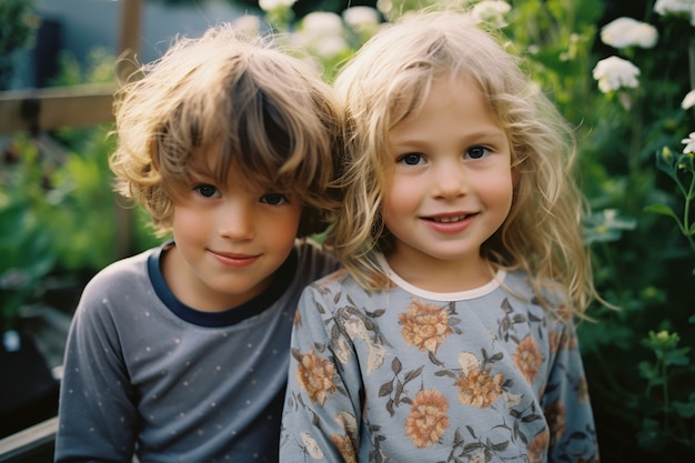 Free photo portrait of adorable children in the garden