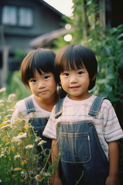 Free photo portrait of adorable children in the garden