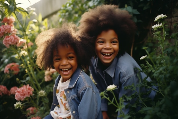 Free photo portrait of adorable children in the garden