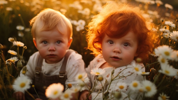 Portrait of adorable newborn babies in the field