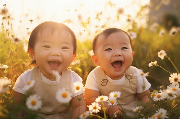 Portrait of adorable newborn babies in the field