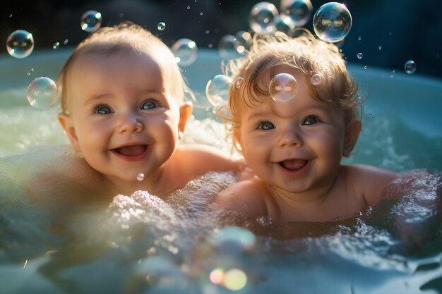 Портрет очаровательных новорожденных, принимающих ванну