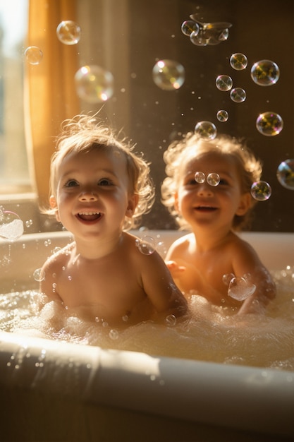 Foto gratuita ritratto di adorabili neonati che fanno il bagno