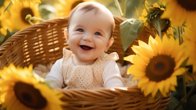 Free photo portrait of adorable newborn baby in basket with sunflowers