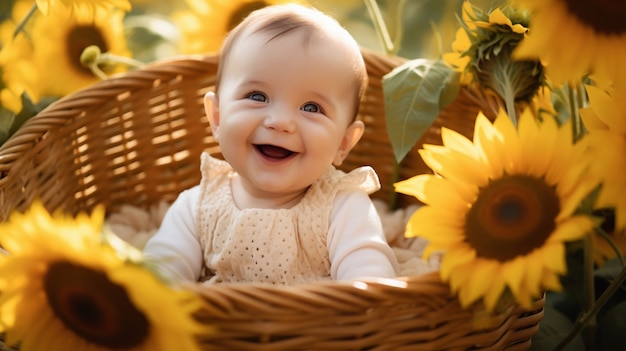 Ritratto di un adorabile neonato in cesto con girasoli