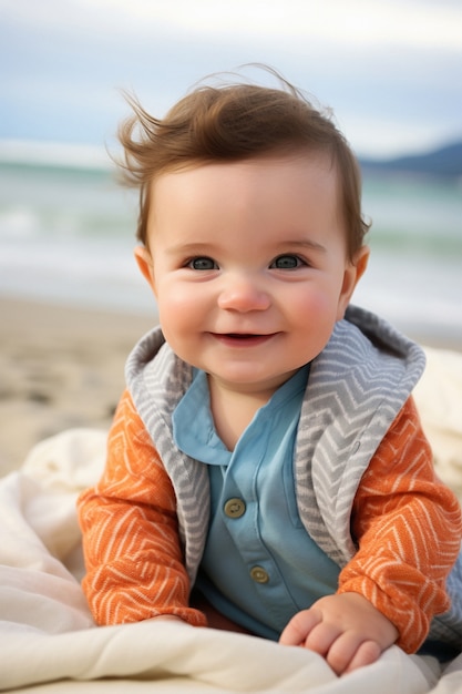 Foto gratuita ritratto di un adorabile neonato sulla spiaggia