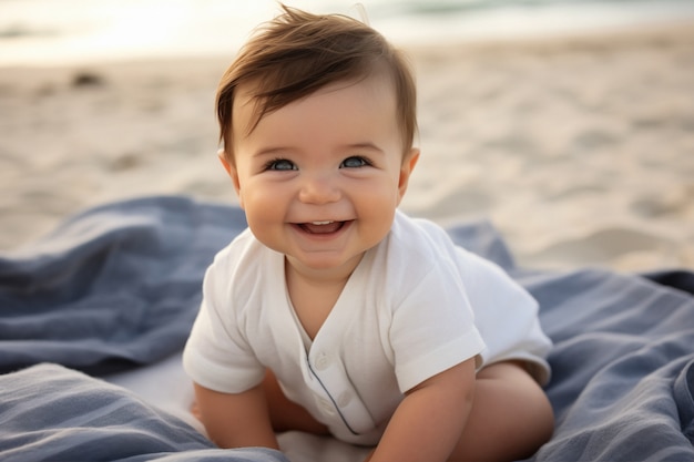 Foto gratuita ritratto di un adorabile neonato sulla spiaggia