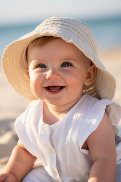 Portrait of adorable newborn baby at the beach