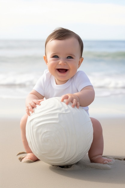 Portrait of adorable newborn baby at the beach
