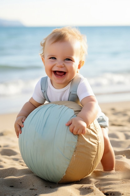 Портрет очаровательного новорожденного ребенка на пляже