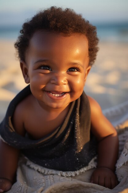 Foto gratuita ritratto di un adorabile neonato sulla spiaggia