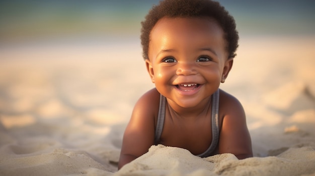 Portrait of adorable newborn baby at the beach