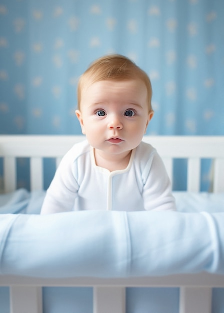 Portrait of adorable newborn baby in crib