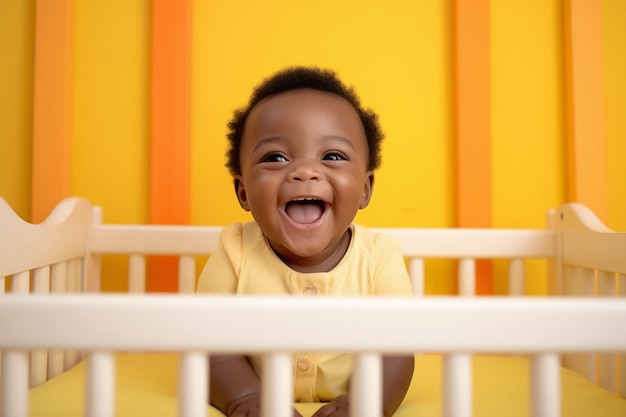 Portrait of adorable newborn baby in crib