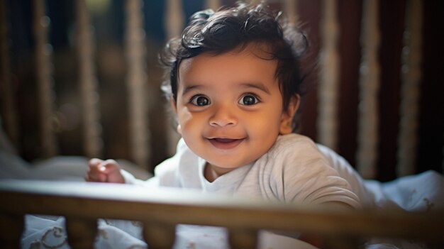 Portrait of adorable newborn baby in crib