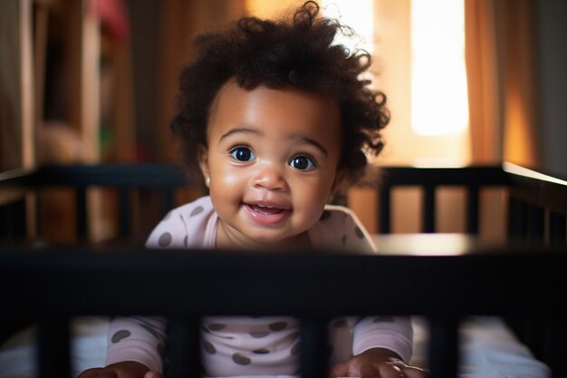 Portrait of adorable newborn baby in crib