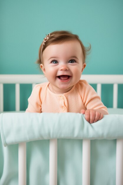 Portrait of adorable newborn baby in crib