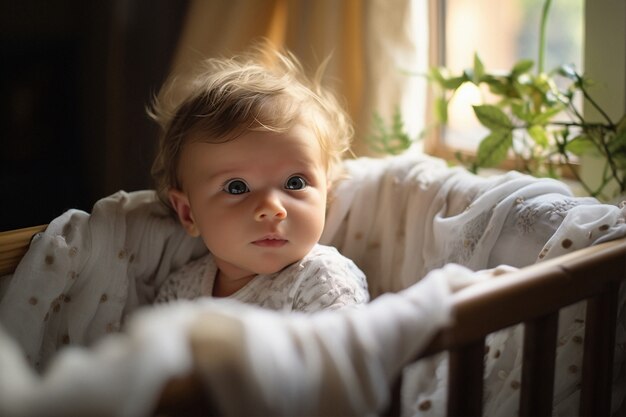 Portrait of adorable newborn baby in crib