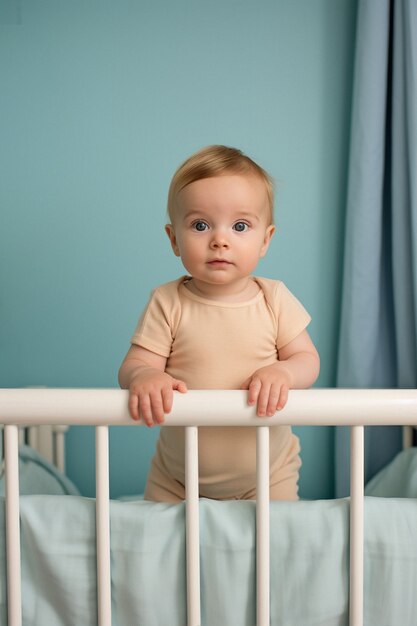 Portrait of adorable newborn baby in crib