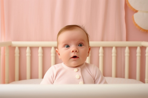 Portrait of adorable newborn baby in crib