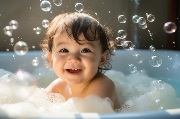 Free photo portrait of adorable newborn baby taking a bath