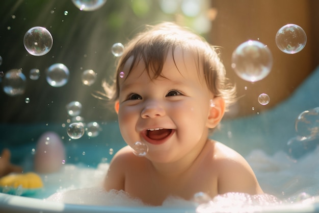 Портрет очаровательного новорожденного ребенка, принимающего ванну