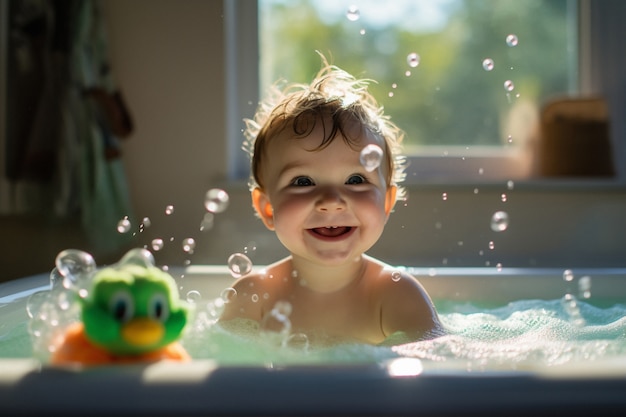 Portrait of adorable newborn baby taking a bath