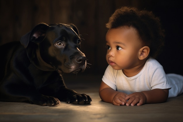 Портрет очаровательного новорожденного ребенка с собакой