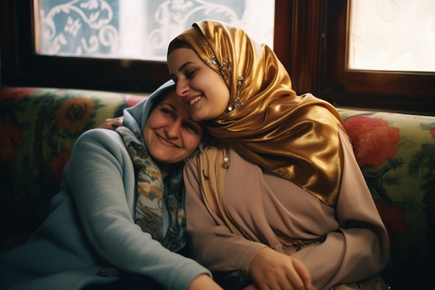 Portrait of adult affectionate mother and daughter