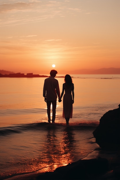 Foto gratuita ritratto di una coppia affettuosa sulla spiaggia al tramonto