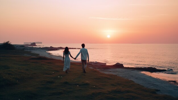 Free photo portrait of affectionate couple on the beach at sunset