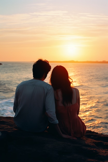 Free photo portrait of affectionate couple on the beach at sunset